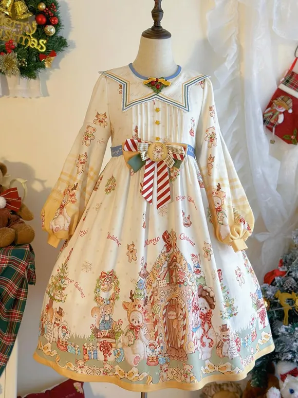 Robe Lolita douce en polyester à manches longues avec n艙uds Robe Lolita de Noël douce