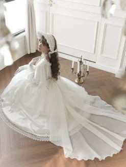 Robe Lolita douce en polyester blanc à manches longues pour mariage