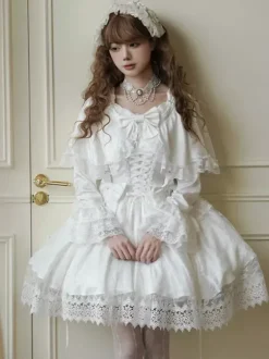 Robe Lolita douce en polyester blanc à manches longues pour mariage