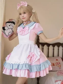 Robe Lolita douce en polyester à manches courtes et volants robe Lolita rose