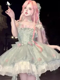 Robe Lolita douce sans manches à fleurs ras du cou vert clair avec traîne