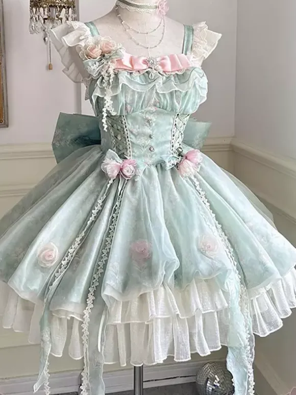 Robe Lolita douce sans manches à fleurs ras du cou vert clair avec traîne