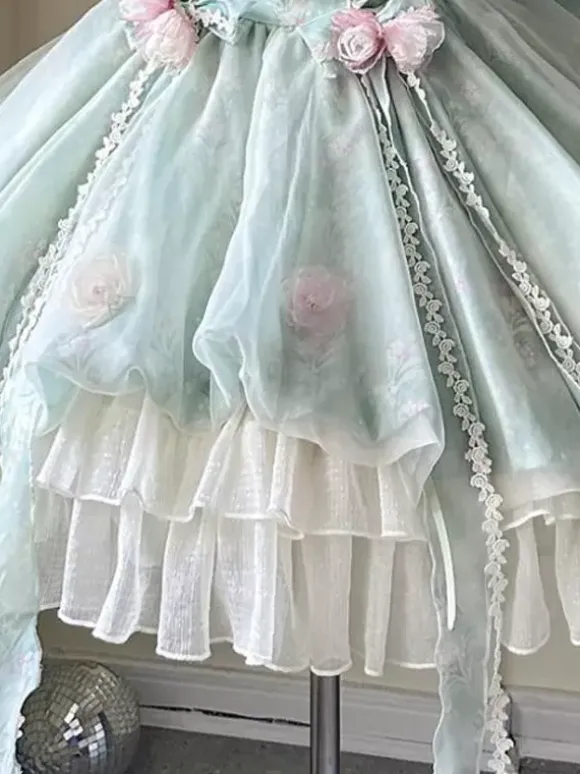 Robe Lolita douce sans manches à fleurs ras du cou vert clair avec traîne