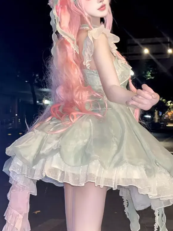 Robe Lolita douce sans manches à fleurs ras du cou vert clair avec traîne