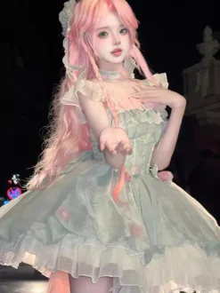Robe Lolita douce sans manches à fleurs ras du cou vert clair avec traîne