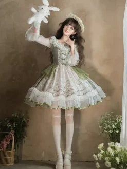 Robe Lolita douce vert sauge manches longues motif lapin brodé robe classique de conte de fées polyester mode kawaii