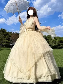 Robe Lolita Fée Abricot sans manches à dos nu avec n艙ud robe de bal Lolita pour tea party