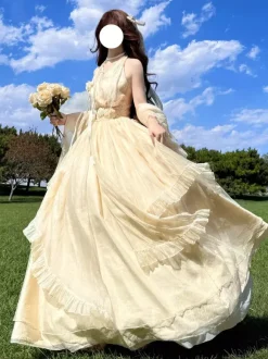 Robe Lolita Fée Abricot sans manches à dos nu avec n艙ud robe de bal Lolita pour tea party