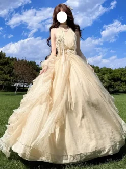 Robe Lolita Fée Abricot sans manches à dos nu avec n艙ud robe de bal Lolita pour tea party