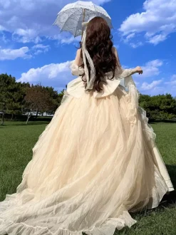 Robe Lolita Fée Abricot sans manches à dos nu avec n艙ud robe de bal Lolita pour tea party