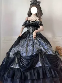 Robe Lolita Fée Violette à épaules dénudées et volants spaghetti style Sweet Lolita Tea Party