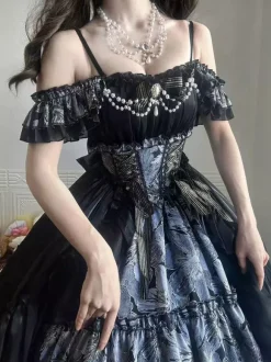 Robe Lolita Fée Violette à épaules dénudées et volants spaghetti style Sweet Lolita Tea Party