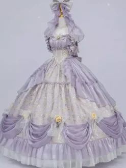 Robe Lolita Fée Violette à épaules dénudées et volants spaghetti style Sweet Lolita Tea Party
