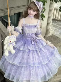 Robe Lolita fée violette à volants multiples et n艙uds en dentelle sans manches