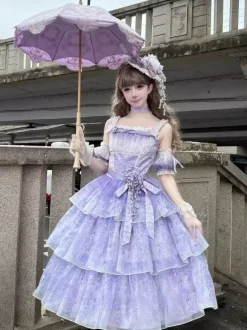 Robe Lolita fée violette à volants multiples et n艙uds en dentelle sans manches
