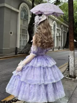 Robe Lolita fée violette à volants multiples et n艙uds en dentelle sans manches