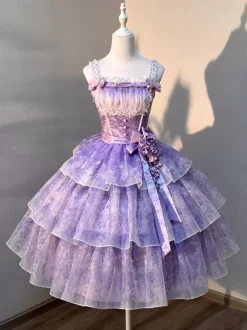 Robe Lolita fée violette à volants multiples et n艙uds en dentelle sans manches