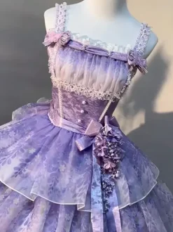 Robe Lolita fée violette à volants multiples et n艙uds en dentelle sans manches