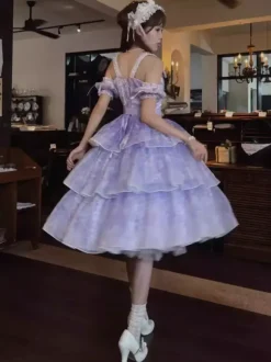 Robe Lolita fée violette à volants multiples et n艙uds en dentelle sans manches