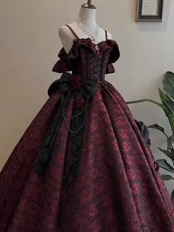 Robe Lolita féerique à spaghetti fleurs violet classique volants épaules dénudées