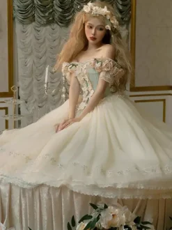 Robe Lolita féerique blanche à fleurs et n艙uds épaules dénudées manches courtes style Lolita vintage