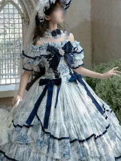 Robe Lolita féerique bleu ciel clair n艙uds lacets manches courtes style rococo robe de tea party