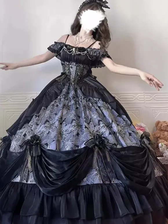 Robe Lolita féerique JSK à n艙uds fronces et volants en tulle imprimé floral nuisette Lolita