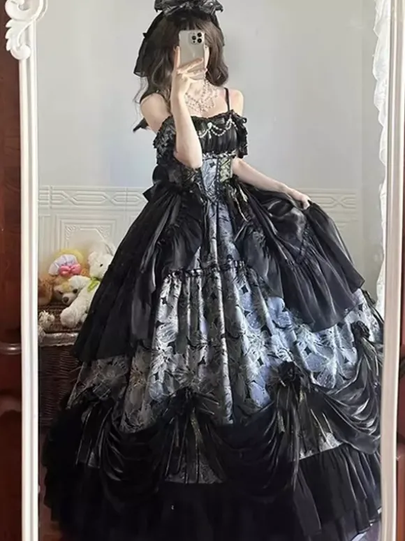 Robe Lolita féerique JSK à n艙uds fronces et volants en tulle imprimé floral nuisette Lolita