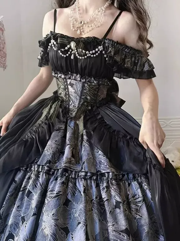 Robe Lolita féerique JSK à n艙uds fronces et volants en tulle imprimé floral nuisette Lolita