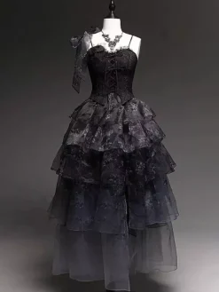 Robe Lolita féerique noire à fines bretelles et volants robe Lolita pour tea party