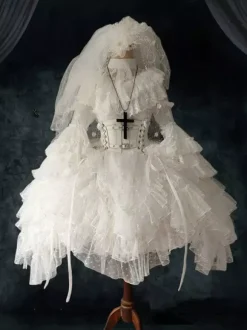 Robe Lolita gothique blanche style petite sorcière manches longues une pièce à volants.