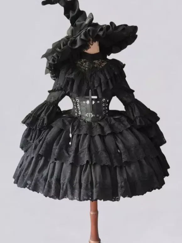 Robe Lolita gothique blanche style petite sorcière manches longues une pièce à volants.