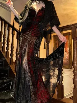 Robe Lolita gothique bustier sirène trompette en dentelle Lolita sans châle