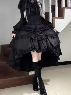 Robe Lolita gothique noire à volants manches trompette manches longues robe Lolita à volants