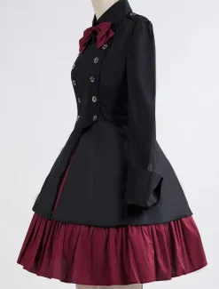 Robe lolita gothique OP noir coton 2026 Double boutonnage Manches longues Lolita Robe à 1 pièce Déguisements Halloween