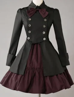 Robe lolita gothique OP noir coton 2026 Double boutonnage Manches longues Lolita Robe à 1 pièce Déguisements Halloween