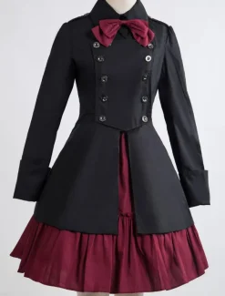 Robe lolita gothique OP noir coton 2026 Double boutonnage Manches longues Lolita Robe à 1 pièce Déguisements Halloween
