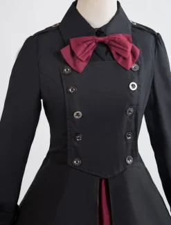 Robe lolita gothique OP noir coton 2026 Double boutonnage Manches longues Lolita Robe à 1 pièce Déguisements Halloween