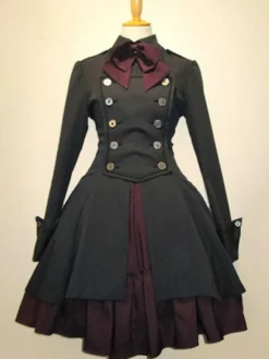 Robe lolita gothique OP noir coton 2026 Double boutonnage Manches longues Lolita Robe à 1 pièce Déguisements Halloween