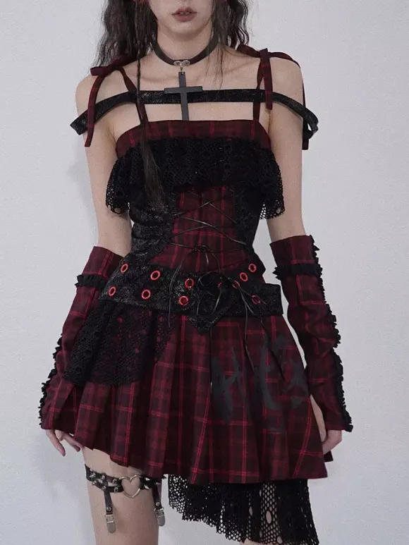Robe Lolita gothique punk en dentelle à carreaux rouges et noirs robe JSK Lolita gothique