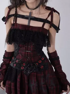 Robe Lolita gothique punk en dentelle à carreaux rouges et noirs robe JSK Lolita gothique