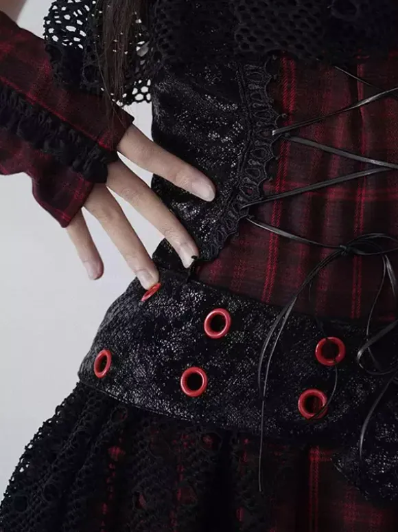 Robe Lolita gothique punk en dentelle à carreaux rouges et noirs robe JSK Lolita gothique