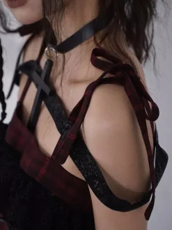 Robe Lolita gothique punk en dentelle à carreaux rouges et noirs robe JSK Lolita gothique