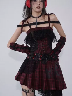 Robe Lolita gothique punk en dentelle à carreaux rouges et noirs robe JSK Lolita gothique