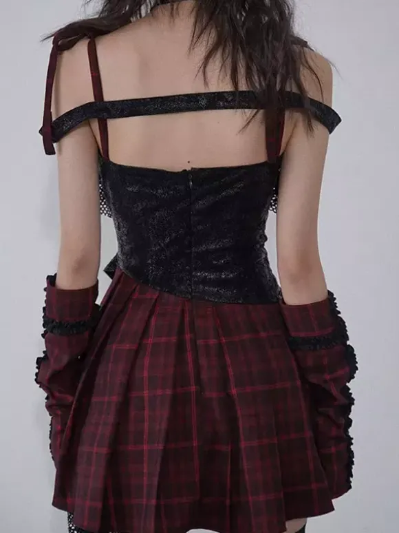 Robe Lolita gothique punk en dentelle à carreaux rouges et noirs robe JSK Lolita gothique