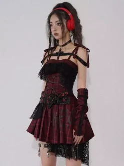 Robe Lolita gothique punk en dentelle à carreaux rouges et noirs robe JSK Lolita gothique