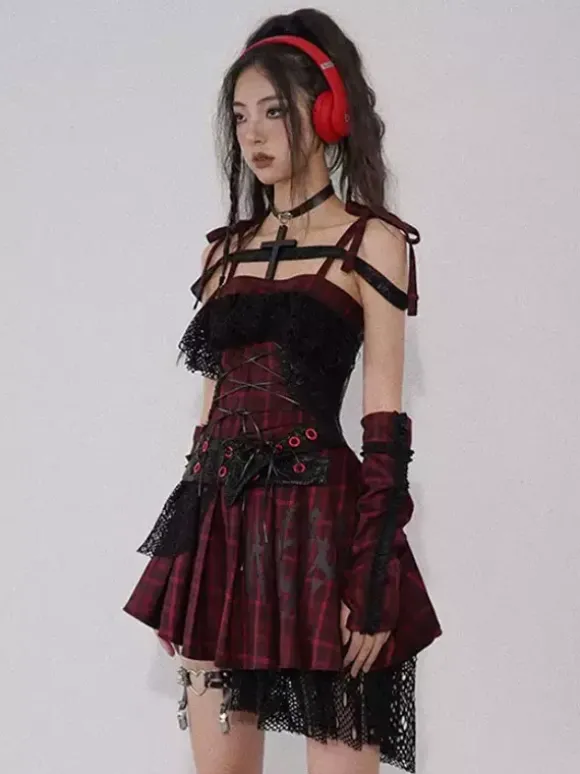 Robe Lolita gothique punk en dentelle à carreaux rouges et noirs robe JSK Lolita gothique