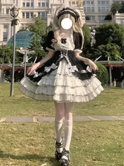 Robe Lolita JSK de retour à l'école et ensemble de pièces de remorquage à smocks à volants multicouches avec n艙ud papillon Robe Lolita JSK de princesse douce