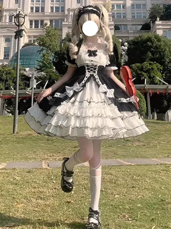 Robe Lolita JSK de retour à l'école et ensemble de pièces de remorquage à smocks à volants multicouches avec n艙ud papillon Robe Lolita JSK de princesse douce