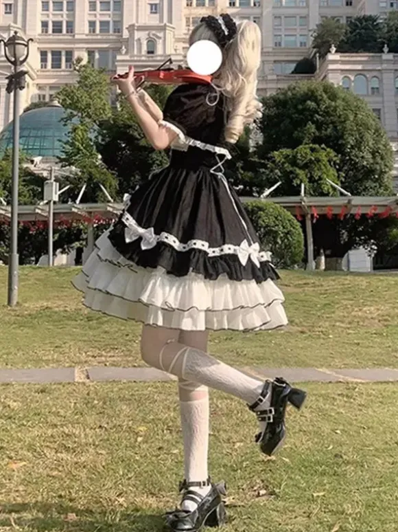 Robe Lolita JSK de retour à l'école et ensemble de pièces de remorquage à smocks à volants multicouches avec n艙ud papillon Robe Lolita JSK de princesse douce